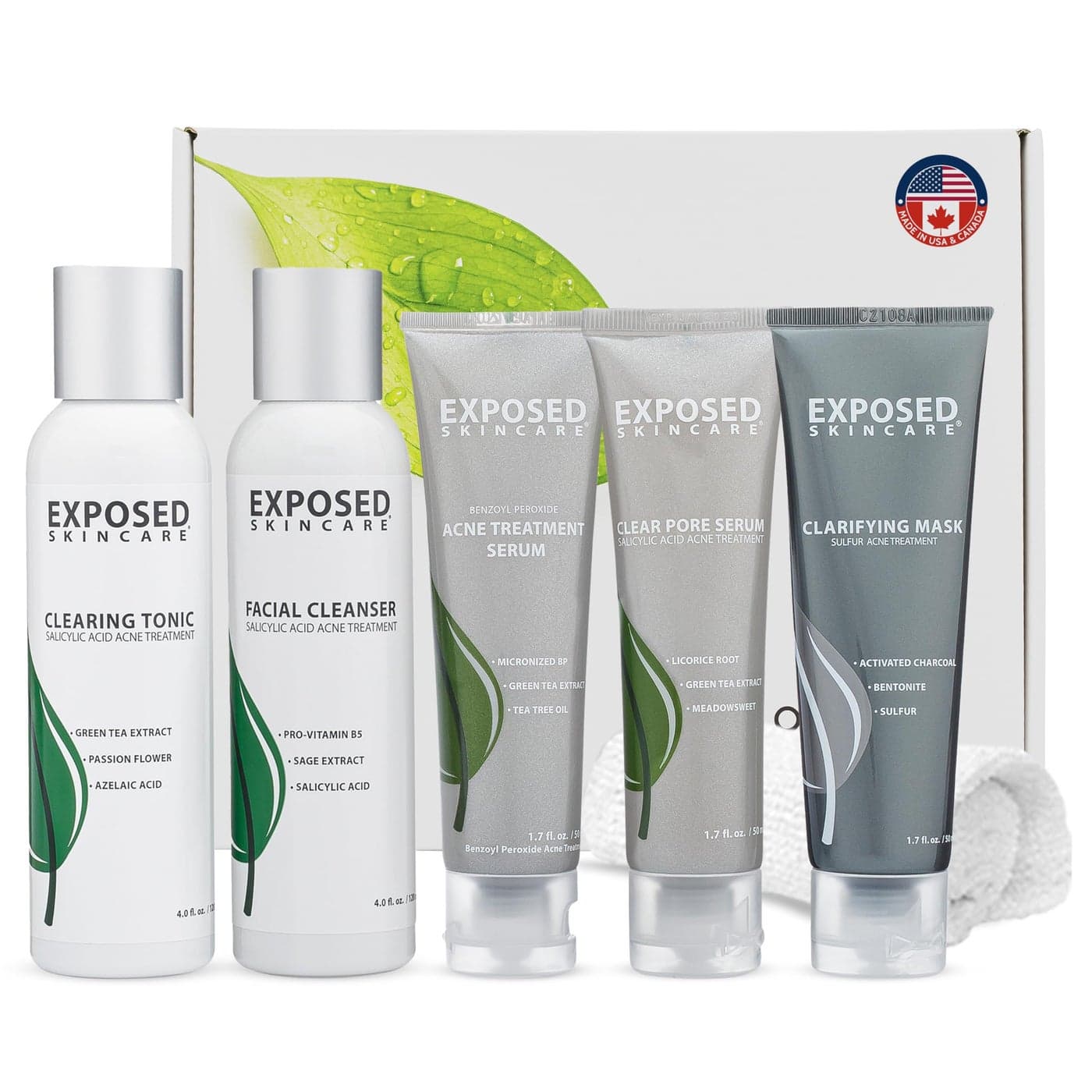Exposed Skin Care Acne Treatment Kit with 25 Salicylic Acid and 35 Benzoyl Peroxide to Clear Up Teen Adult Hormonal and Cystic Acne Natural Nontoxic and Cruelty Free