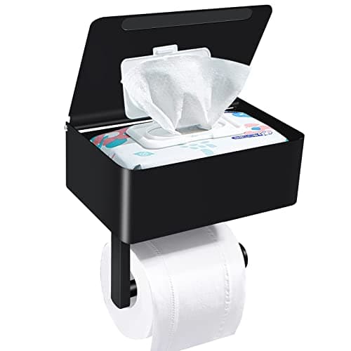 Bjiotun Toilet Paper Holder with Shelf SUS304 Stainless Steel Toilet Paper Storage with Wipes Dispenser Toilet Paper Roll Holder Wall Mount for Bathroom Storage No Drill to Install Matte Black