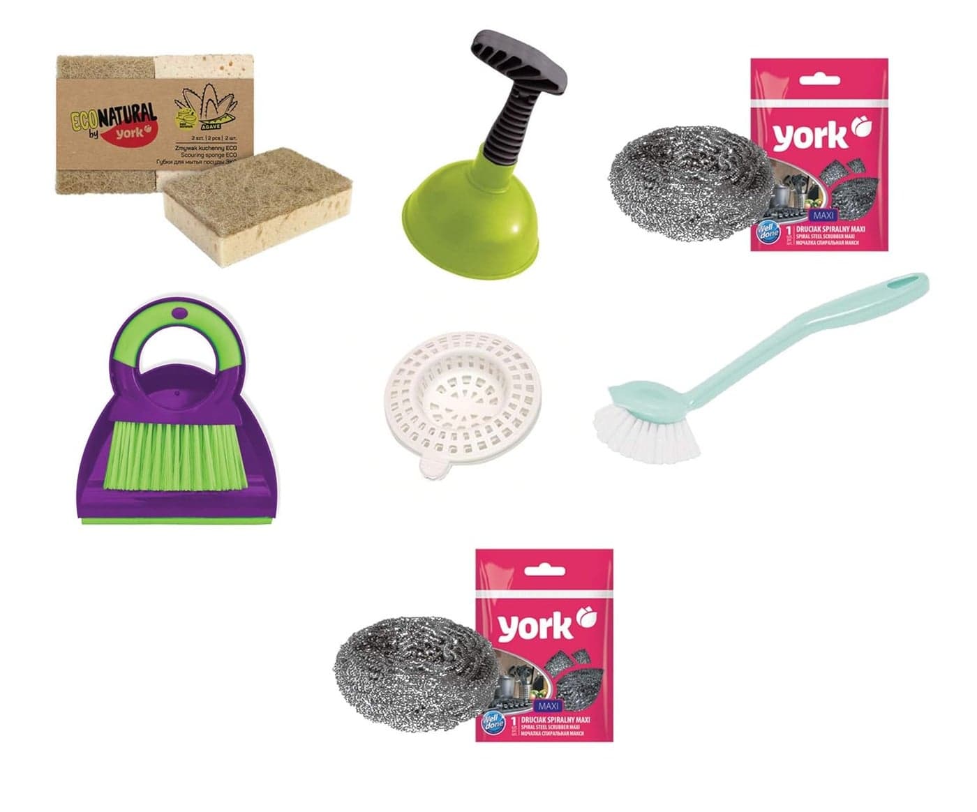 YORK Kitchen Scouring Sponge Eco 2 Pcs + Dish Brush + Sink Drainer + Table Brush With Dustpan + Plunger With Plastic Holder for Kitchen Sink + Spiral Steel Scrubber Maxi 2 Pcs