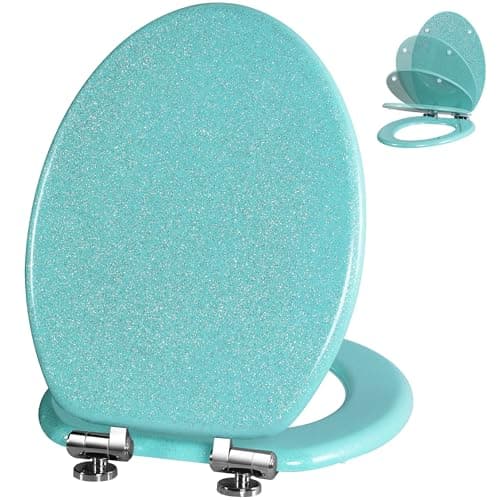 Angol Shiold Glitter Toilet Seat Molded Wood Elongated Toilet Seat with Quietly Close and Quick Release Hinges, Easy to Clean also Easy to Install (Elongated 18.5'', Green)