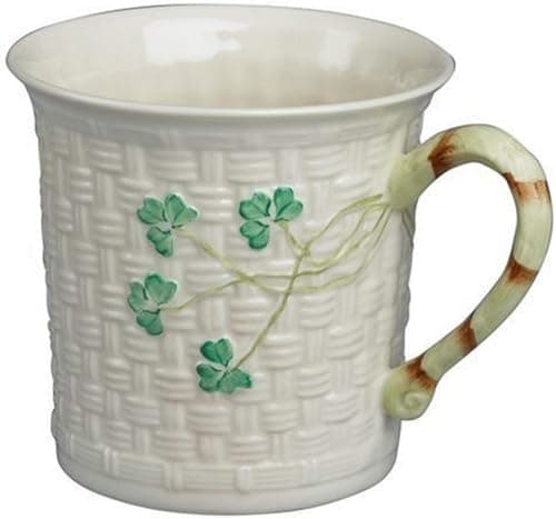 Belleek Shamrock Basketweave Irish Coffee Mug Handcrafted Microwave Safe Ceramic Cup Fine Parian China White 5W x 4H 11oz