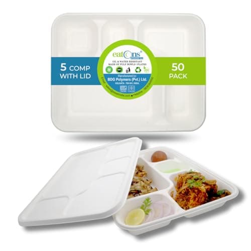 EATONS 5 Compartment Bagasse Meal Tray with Lid (50 Pack) | 11.4” Eco-Friendly Disposable Plates | Heavy Duty, Leak-Proof, Compostable Sugarcane Food Containers for Parties & Takeaway