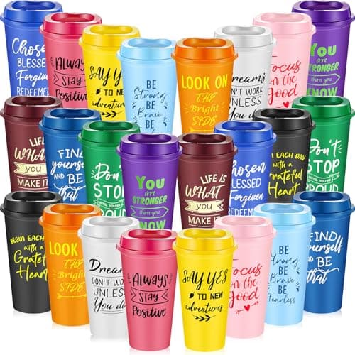 FillTouch 24 Pcs Inspirational Gifts for Employee Coworkers Staff Teammate 16oz Reusable Plastic Coffee Cups with Positive Sayings Bundle Gifts for Woman Man Coworker Bright ColorInspirational