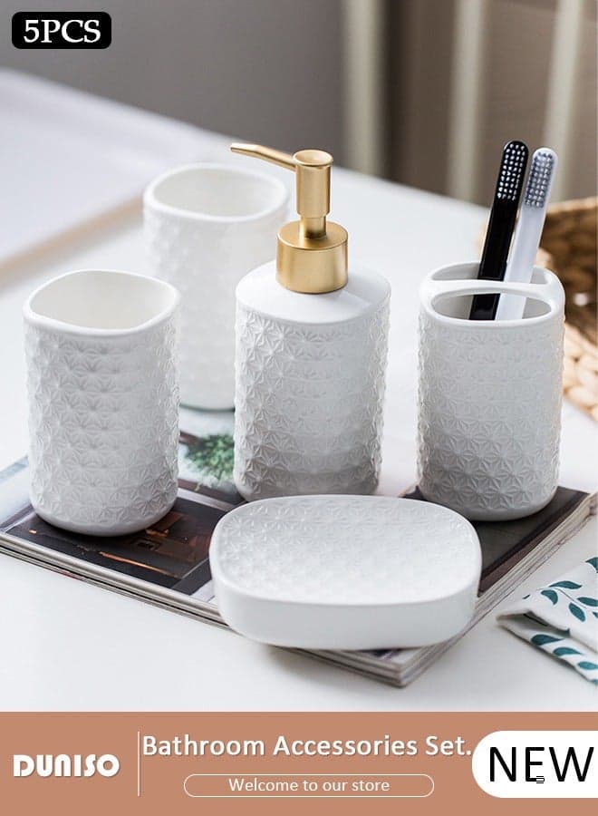 Bathroom Accessories Set, 5 Pcs Ceramic Bathroom Decor Accessories, Includes Soap Dispenser, Toothbrush Holder, Toothbrush Cup, Soap Dish, Home Apartment Modern Bathroom Decor Vanity Countertop, Countertop Organizer for Housewarming Gift