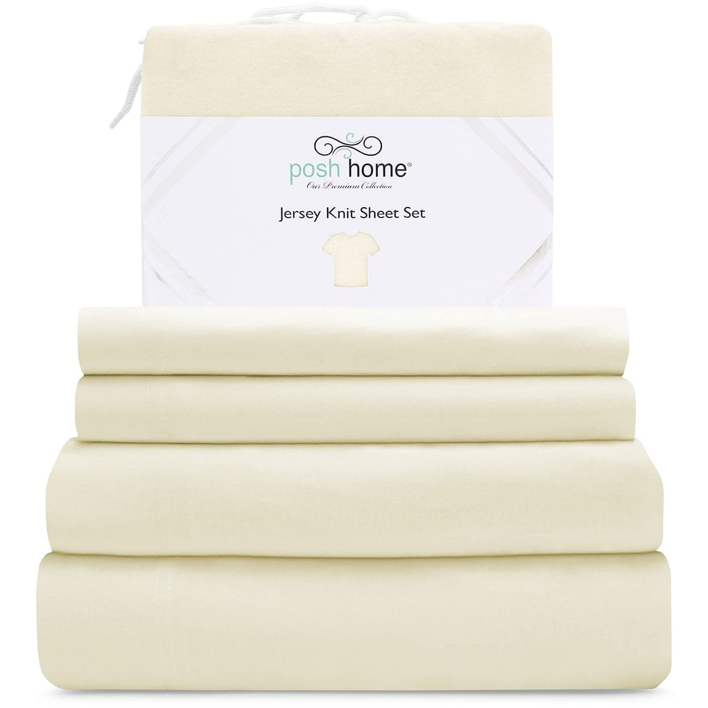 Posh Home Jersey Knit Sheet Set 4Piece Breathable Cotton Bed Sheets Includes Flat Sheet Fitted Sheet 2 Pillowcases Queen Size Cream