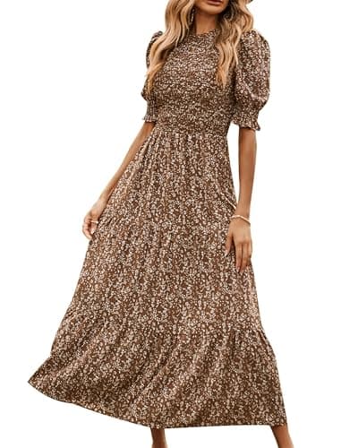 BTFBM Women Casual Summer Dresses 2025 Spring Crew Neck Ruffle Short Sleeve Floral Print Smocked Boho Flowy Maxi Dress(Floral Coffee White, Medium)