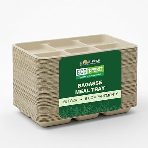 ECO kranti – 5 Compartment Bagasse Meal Tray | Pack of 50 | Eco-Friendly, Biodegradable & Compostable | 100% Natural Plant-Based | Long Lasting Plates for Birthday, Wedding, Party & All Events