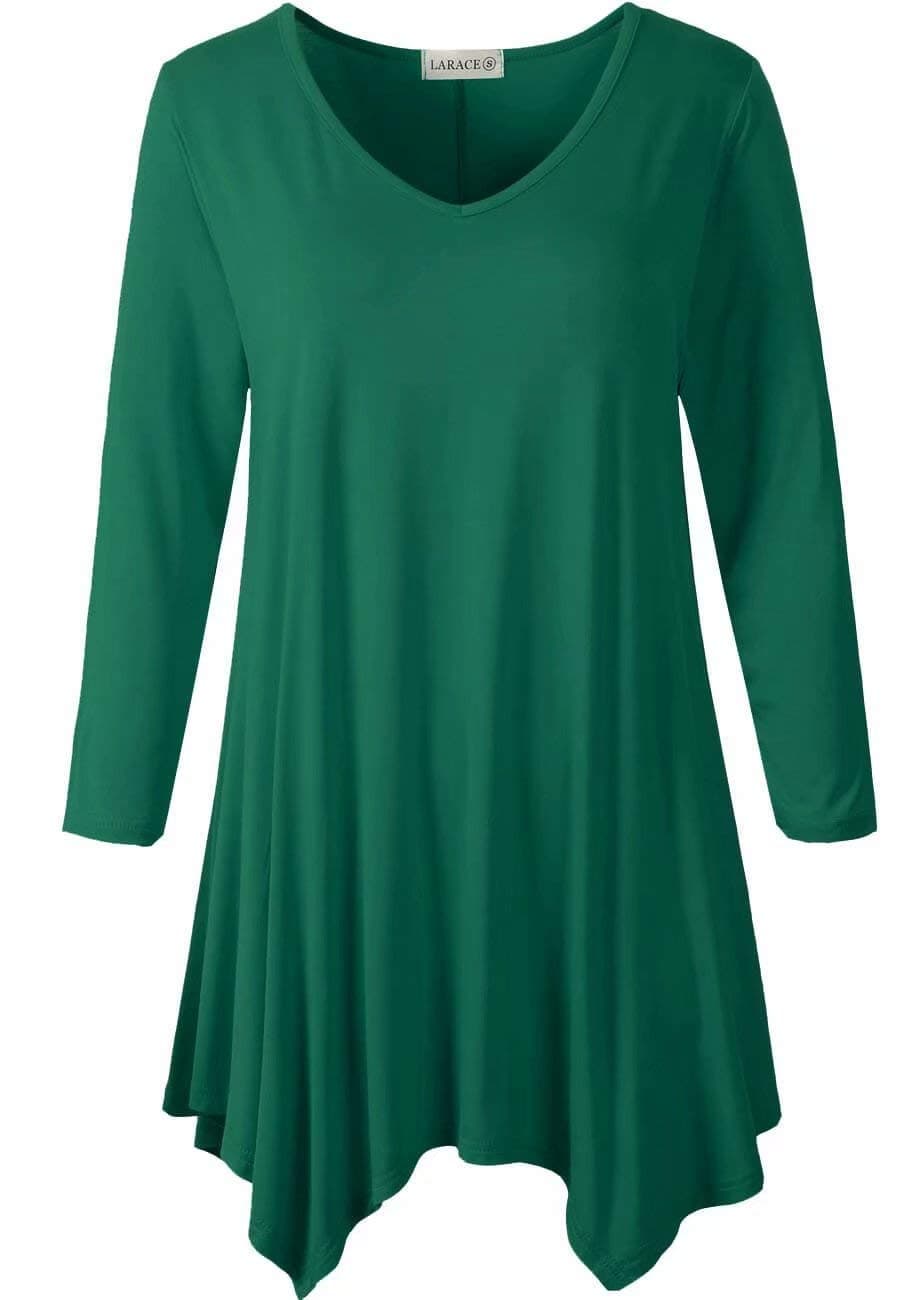 LARACE Plus Size Tops for Women Tunic Asymmetrical Dress Shirts 3/4 Sleeve V Neck Flowy Ladies Clothes for Leggings(Deep Green 3X)