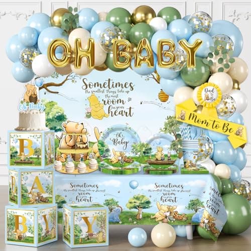 Classic Bear Baby Shower Decorations Boy Blue Vintage Bear Baby Boy Shower Decorations Balloons and Baby Boxes Backdrop Dinnerware Set Cake Toppers with Stand Mom to Be Sash Baby Shower Decor