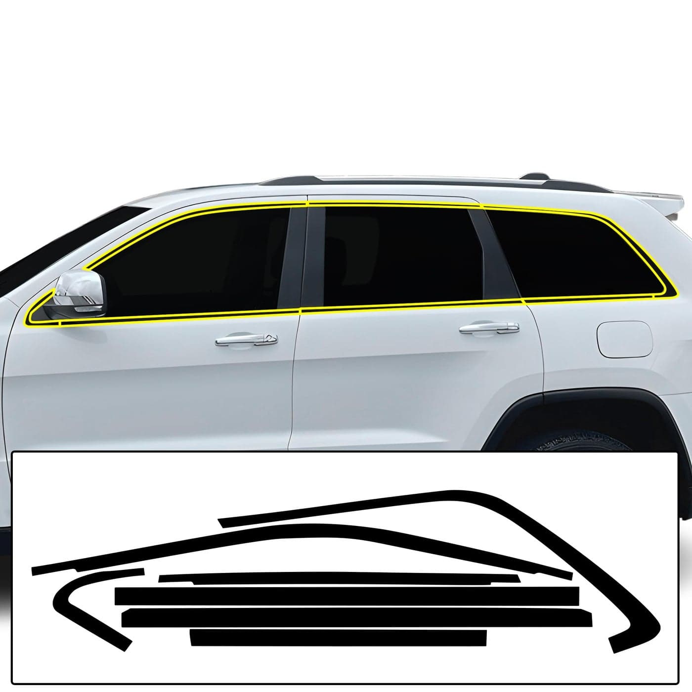 BOGAR TECH DESIGNS Side Window Chrome Delete Overlay Film Compatible with Jeep Grand Cherokee 20142021 Gloss Black