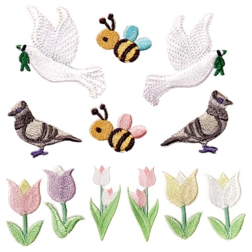 12PCS Nature Theme SelfAdhesive Patches Tulip Bee Pigeon Applique Patch Flowers Sew on Emblem Floral Embroidery Patches for Clothes Bags Jeans Jacket TShirts Hats DIY Sewing Craft Decoration