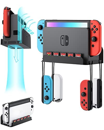ZAONOOL Wall Mount for Nintendo Switch and Switch OLED, Metal Wall Mount Kit Shelf Accessories with 5 Game Card Holders and 4 Joy Con Brackets, Safely Store Switch Console Near or Behind TV, Black