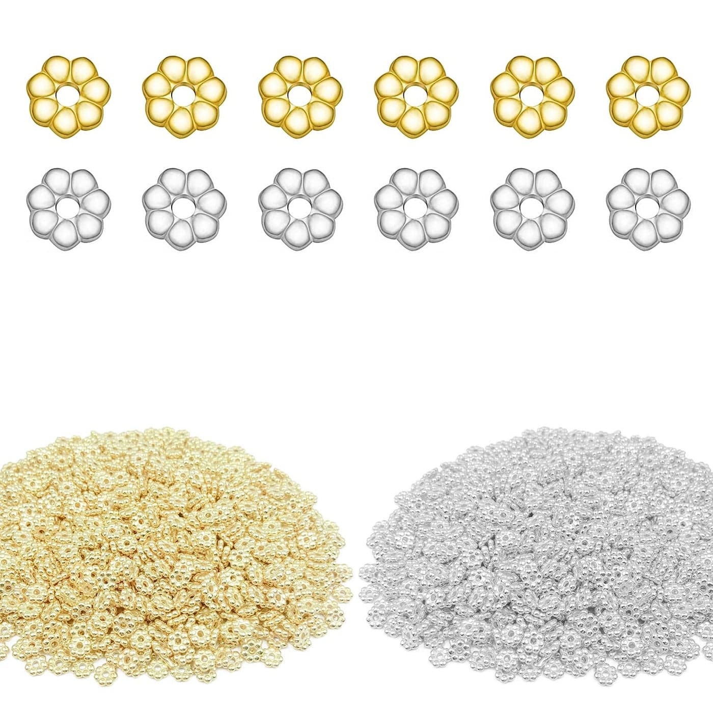 Mulutoo 1200 Pieces Flower Shape Septal Bead Tibetan Style Daisy Spacers CCB Spacer Beads Disc Spacer Loose Beads for Bracelet Necklace Earring Jewelry MakingSilver and Gold