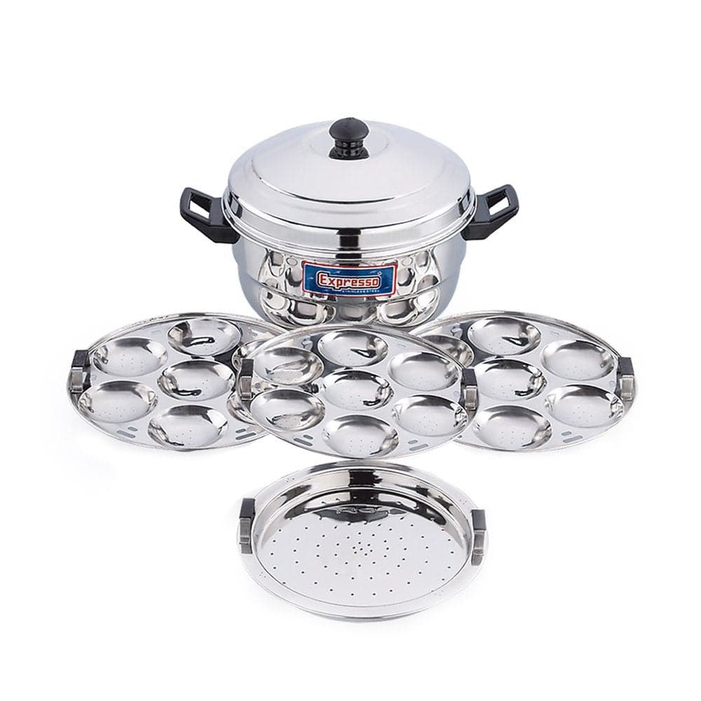 Expresso Stainless Steel Induction Bottom Base & Multi Kadhai 21 idli plate/ 2 & 1 Steamer Plate, Compatible With Gas Stove
