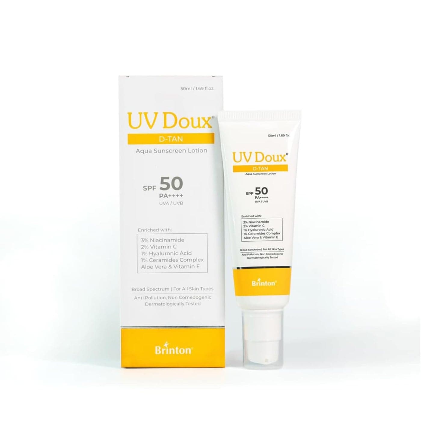 UV Doux DTan Aqua Sunscreen Lotion Enriched with Enriched with 3 Niacinamide 2 Vitamin C 1 Hyaluronic Acid 1 Ceramide Aloe Vera Vitamin E SPF 50 PA Broad Spectrum 50 ml