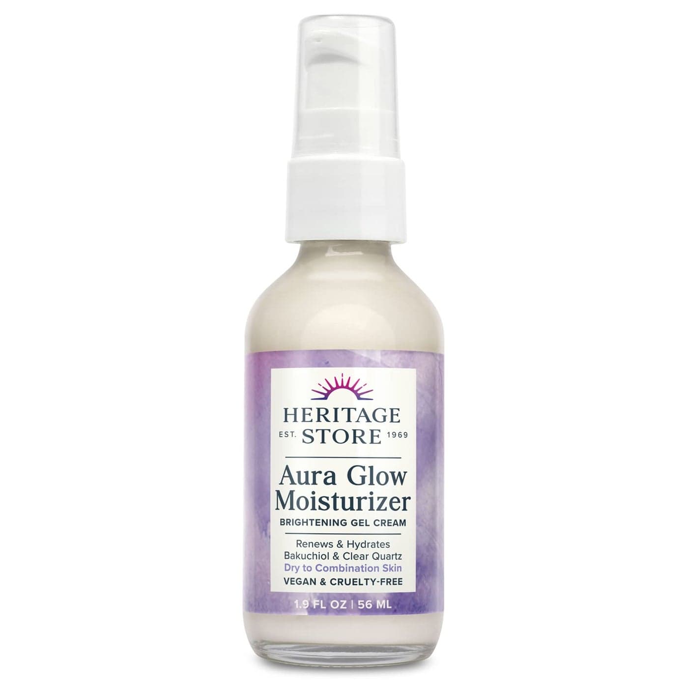 HERITAGE STORE Aura Glow Face Moisturizer for Dry Combination Skin Gel Facial Moisturizer Brightens Firms Skins Appearance Adds Radiance wBakuchiol Clear Quartz Vegan 60Day Guarantee 19oz