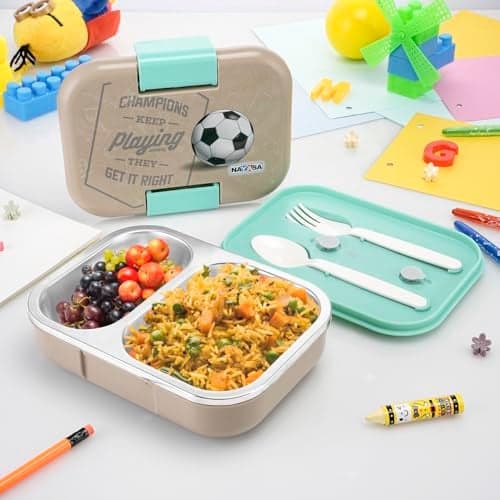 Nayasa Marco 2 Compartment Stainless Steel Insulated Lunch Box for Kids Boys | Football Champion Print | Vacuum Sealed Leak Proof Tiffin Box | 650 ml | Grey