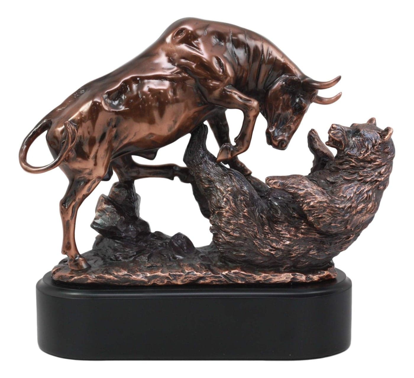 Ebros Wall Street Stock Market Charging Bull Trouncing Bear Statue with Pedestal Base Bronze Electroplated Resin Sculpture of Bull VS Bear Ideal Gifts for Financial Investment Managers Investor