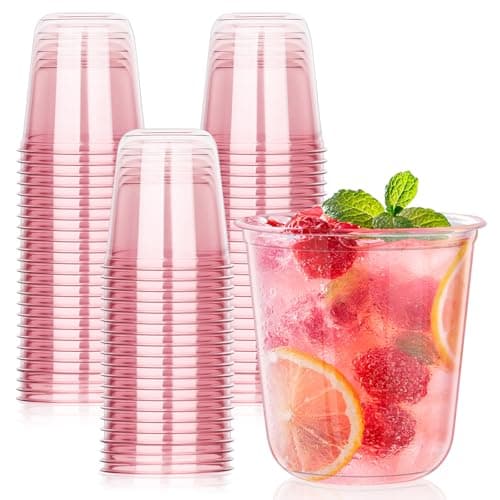 KesaPlan 100 Pcs Pink Plastic Cups, 12oz Disposable Stemless Wine Glasses for Cocktail Cute Clear Cocktail Wine Glasses Pink Party Cups for Valentine's Galentine's Day Wedding Christmas Party