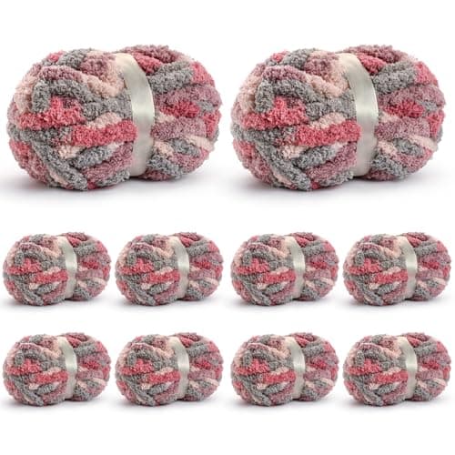 10 Pack Jumbo Chunky Yarn for Hand Knitting, Fluffy Chunky Chenille Yarn for Crocheting, Variegated Chunky Knit Baby Blanket Yarn, 240 yds /70.5 oz Super Bulky Yarn(Grey-Pink-Purple)