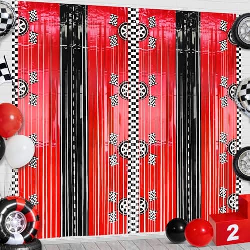 Bsenhe 2PCS Race Car Foil Fringe Backdrop Curtains, Race Car Birthday Party Decorations, Black White Red Photo Backdrop for Fast Wheels Happy Dude Birthday Party Decorations 3.28 X 6.56 Ft