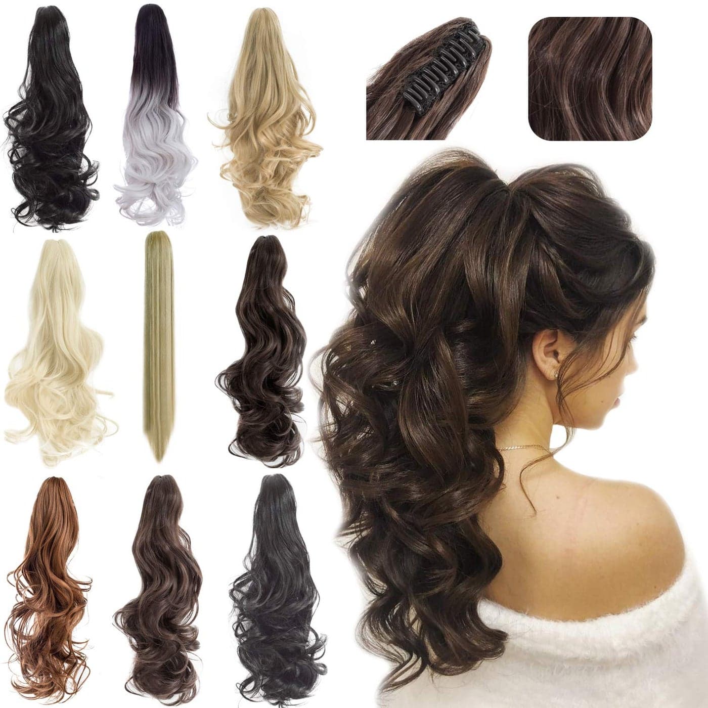Felendy Ponytail Extension Claw 18 20 Curly Wavy Straight Clip in Hairpiece One Piece A Jaw Long Pony Tails for Women Ash Blonde