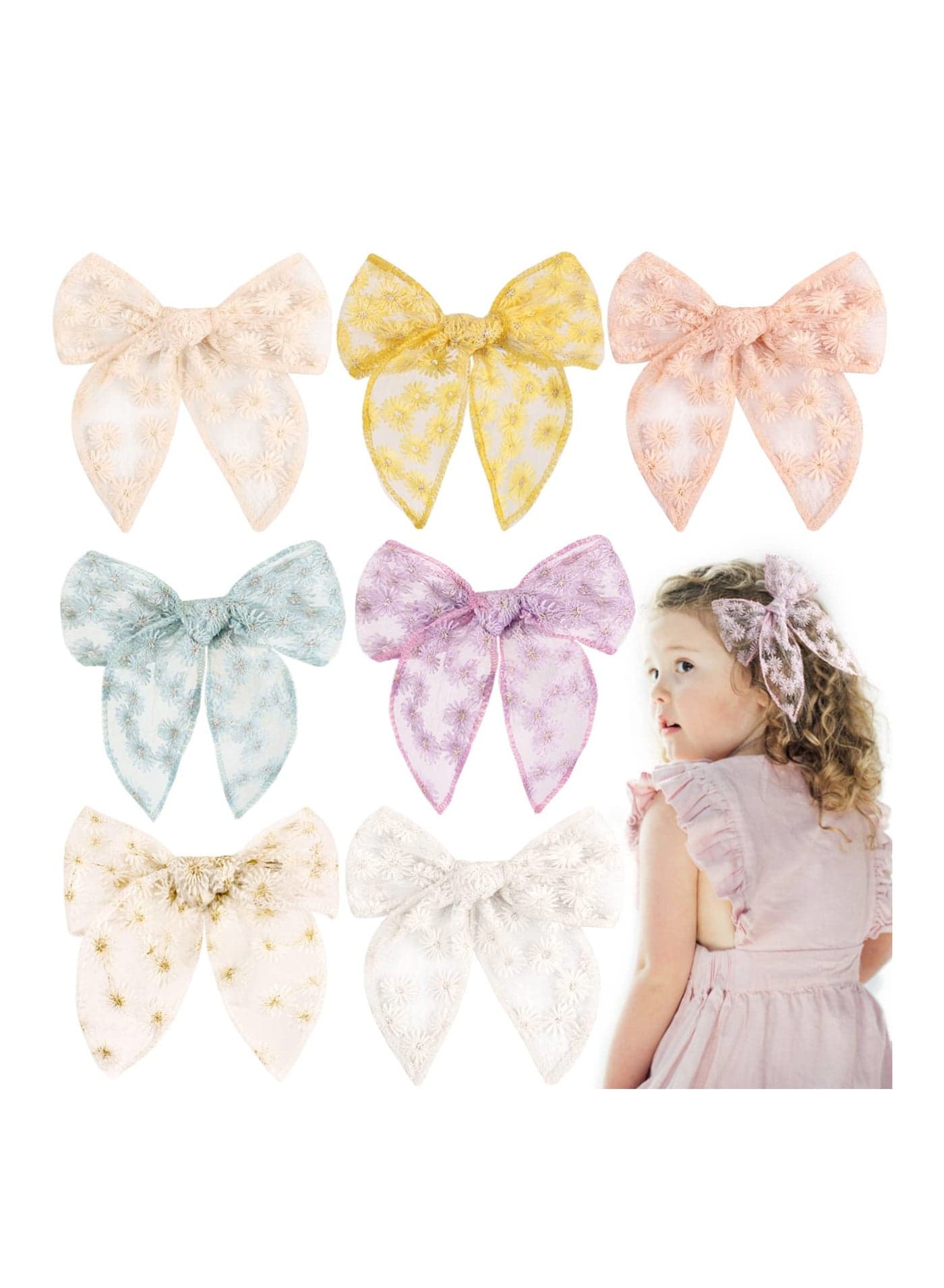 7 PCS Large Fable Hair Bows for Girls, Alligator Clips Neutral Handmade Girls Bows Hair Accessories for Little Girls Toddler Kids Teens