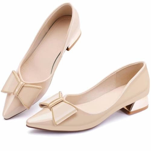 Danglianying Women's Chunky Closed Toe Low Block Heels Work Pumps Comfortable Dress Wedding Shoes for Party Office Apricot Size 8