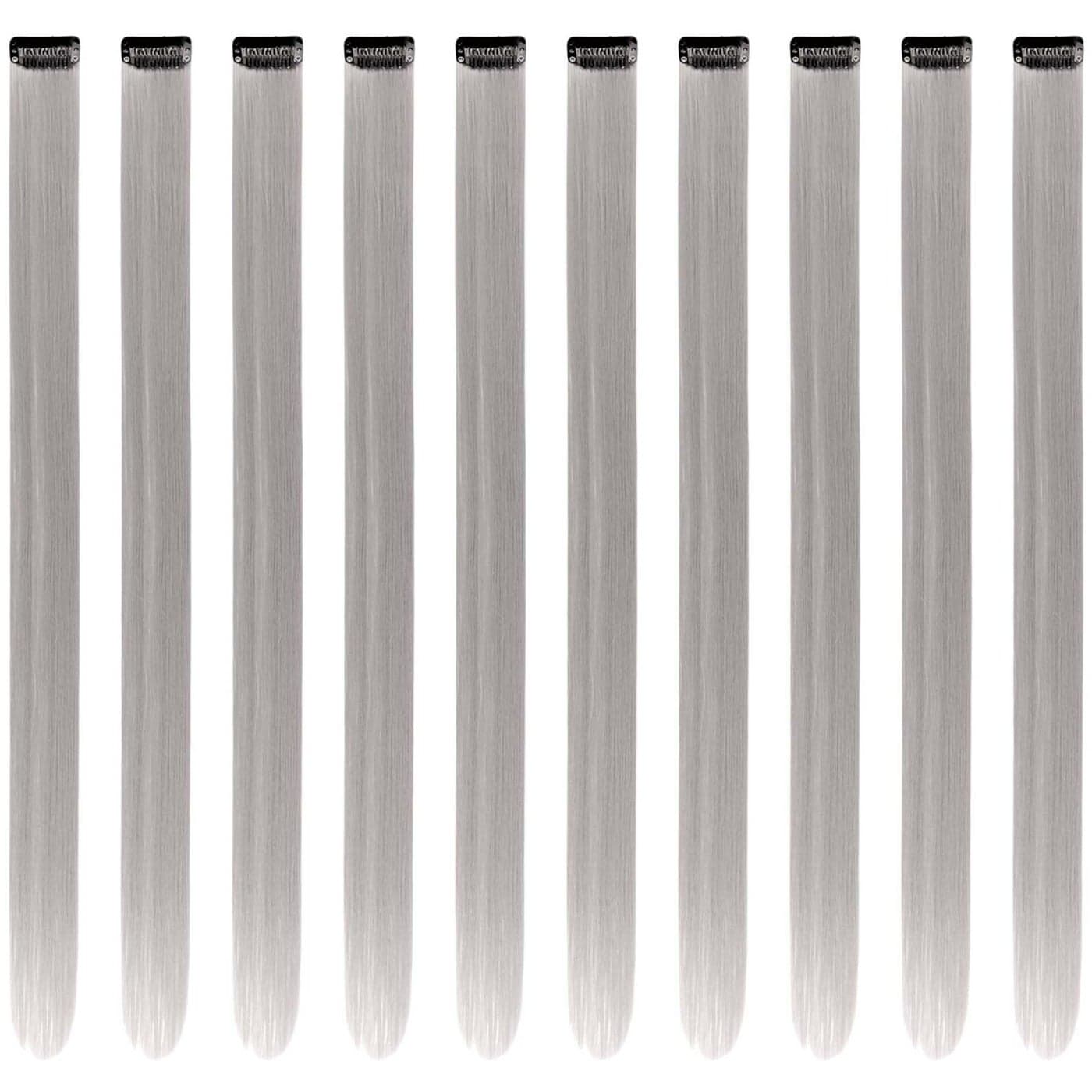 RINBOOOL Grey Hair Extensions Clip in for Kids Girls Women 10 Pieces 22 Inch Long Straight Colored Heat Resistant Synthetic Highlight Party Clip ins