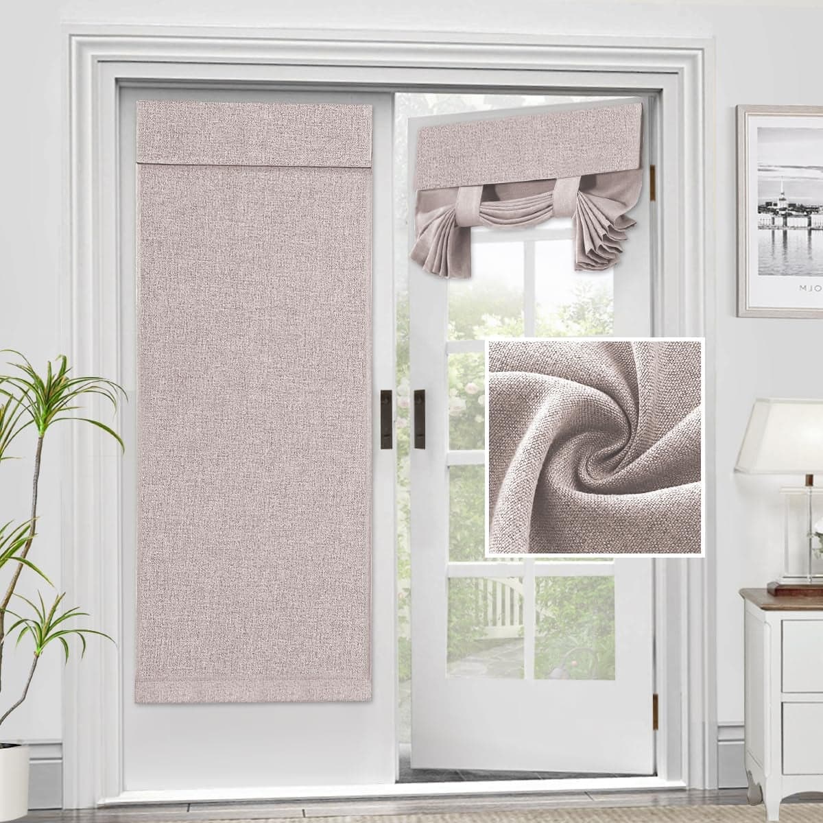 HVERSAILTEX French Door Curtains Linen Textured Privacy Blinds Kitchen Window Curtains Waterproof 26 X 68 Inch Room Darkening for Glass Door Tie Up Shade 1 Panel Heather Sand