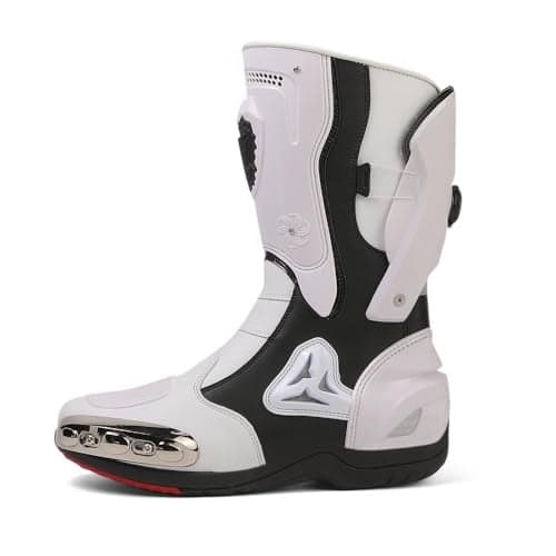 Zeozoom Motorcycle Riding Boots Motorcycle Leather Boots for Women and Men Protection Anti Slip Racing Sports (White, Adult, Men, 11, Numeric, US Footwear Size System, Medium)