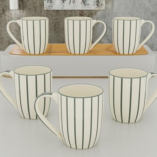 The Earth Store Classic Grey Stripe Coffee Mug - 400ml Capacity, Microwave and Dishwasher Safe, Ceramic Coffee Mug for Home, Office & Christmas Gift | New Year Gift | Birthday Gift (Set of 6)