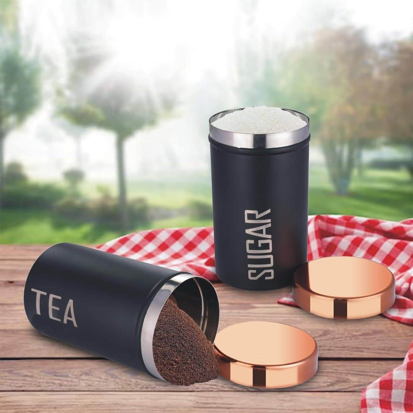 DARAZ Stainless Steel Round CanisterKitchen Storage for Tea and Sugar pack of 2 Black Copper
