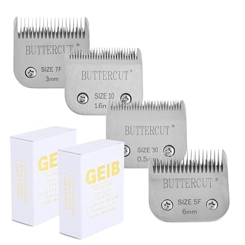 Geib Buttercut Detachable Replacement Dog Clipper Blade 4 Pack Sizes 30 10 5F 7F Stainless Steel LongLasting Sharp Edges Compatible with Andis A5 Oster A5 Wahl KM10 Dog Grooming Blade