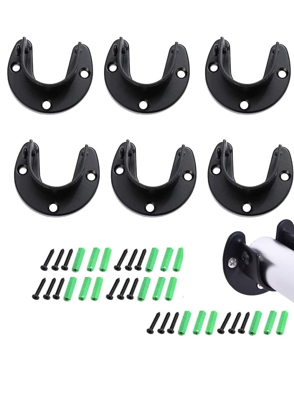 U-Shaped Closet Rod Bracket Stainless Steel Holder 6 Pack Pole Socket Black Support Brackets Heavy Duty Shower