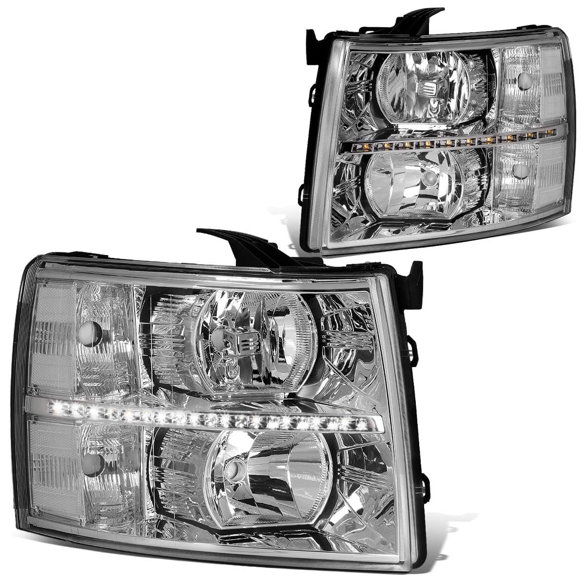 DNA MOTORING Pair LED DRL Headlights Compatible with 0713 Chevy Silverado 1500 0714 Silverado 2500 3500 HD ChromeClear HLLEDCSIL07CHCL1