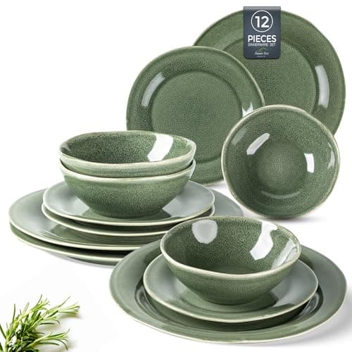 AmorArc Ceramic Dinnerware Sets, Handmade Stoneware Reactive Glaze Plates and Bowls Set, Scratch Resistant | Dishwasher & Microwave Safe Dishes Set, Service for 4 (12pc)