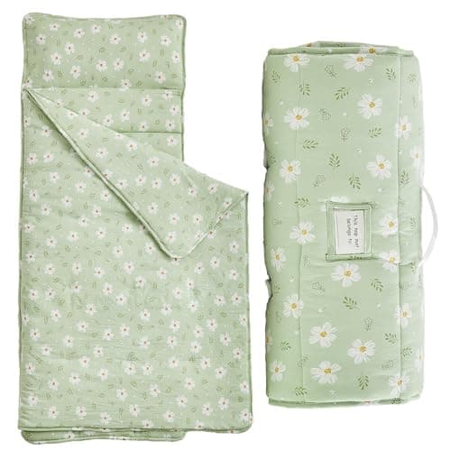 Toddler Nap Mat with Pillow and BlanketSoft Slumber Bags for GirlsKids Sleeping Bags with Roll Up DesignGreen Floral Nap Mats for PreschoolDaycareKindergartenFits Ages 36 Years OldGreen