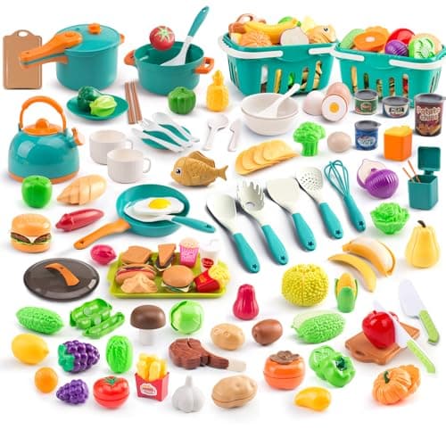 200Pcs Mini Play Kitchen Accessories for Kids Pretend Cooking Playset with Cookware Tableware 2 Fruit Sets Learning Gift for Girls Boys Toddlers Green