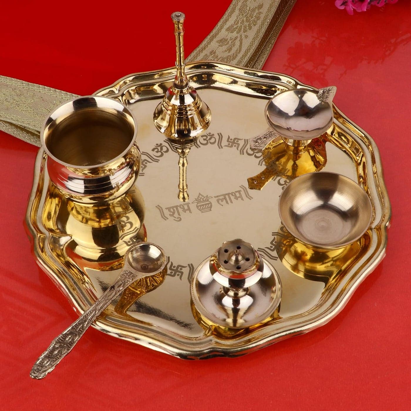 SATVIK 8 Inch Brass Puja Thali Set of 7 Handcrafted Design for Divine Blessings Ideal Housewarming Return Gift Perfect for Festivals Worship Complete Puja Thali Set