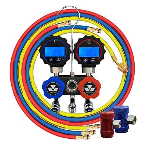 Mastercool Mini R1234yf Aluminum Digital Manifold with 3-72” Hoses and R1234yf Manual Couplers Packaged in a Zippered Carry Case, 82172, Black Series