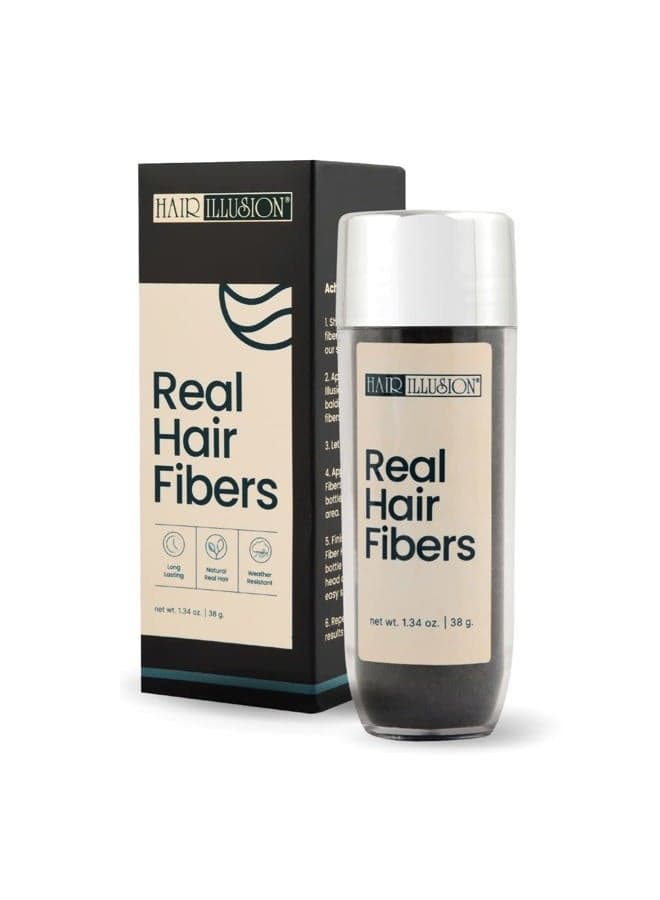 Black Real Hair Fibers for Thinning Hair - 100% Natural Texture, Non Synthetic Hair Fibers - Bald Spot Cover Up for Women & Men - 38 Gram