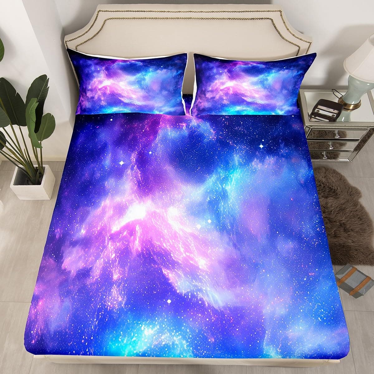 Purple Galaxy Bedding Set Full Kids Teens Girls Boys Starry Sky Fitted Sheet Space Universe Star Design Soft Breathable Home Decorative 3 Pcs Bed Sheets with 2 PillowcasesFlat Sheet not Included