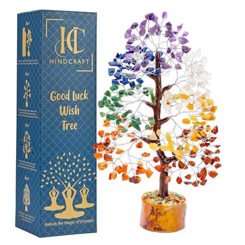 HindCraft Seven Chakra Crystal Tree Good Luck Showpiece for Home Decor Items Crystals Gemstones Bonsai Money Tree for Good Luck, Decoration Gift Item, Silver Wire, 10-12 inch