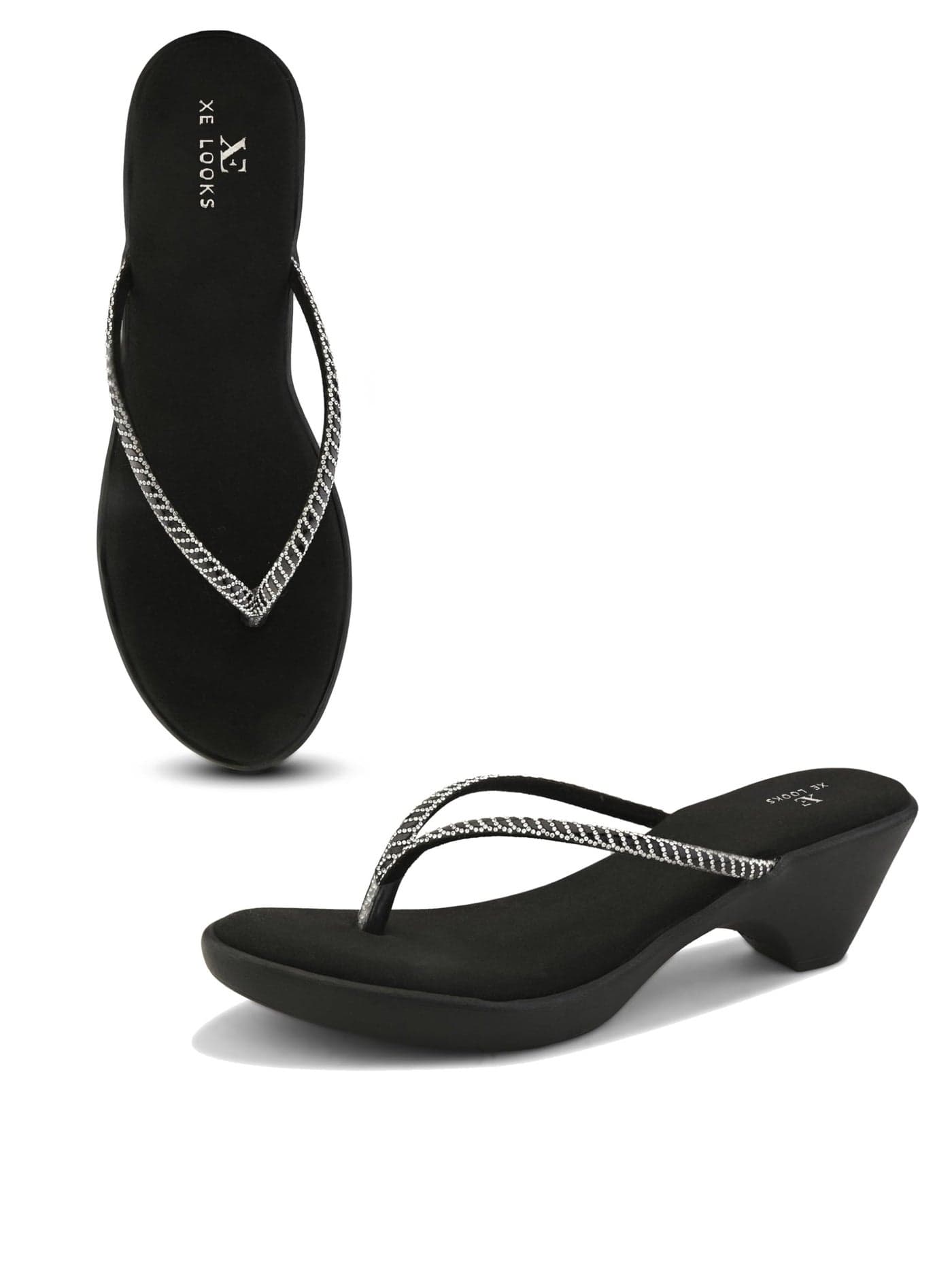 XE Looks Black Wedge Thong Sandals for Women | Beaded Crisscross Thong Straps with Subtle Sparkle | Cushioned Footbed & Slip-On Low Wedge Heel | Lightweight All-Day Comfort