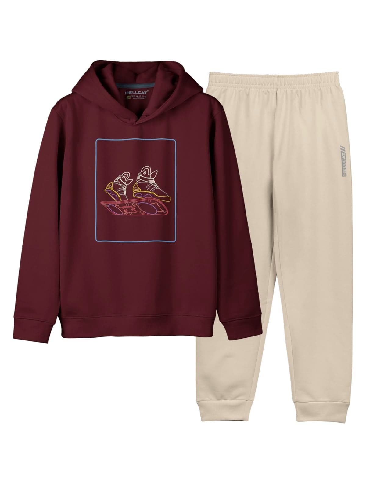 HELLCAT Printed Cotton Blend Hoodie T-Shirt and Jogger Trackpant Clothing Set for Boys_ Burgundy_13-14 Years