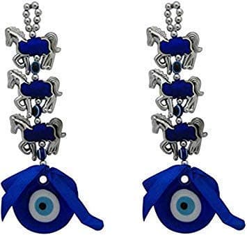 GJ - Evil Eye Three Horse Hanging for Good Luck and Prosperity Pack of 2 (Color : Blue & Silver) Height : 17.5 cm Width : 4.5 cm