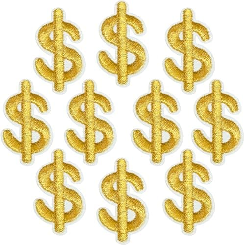 10 Pieces Gold Dollar Embroidered Iron On Patches Money Symbol Sew On Patch for Clothes Dress Jackets Caps DIY Dollar Sign Embroidery Patches Sewing Craft Decoration