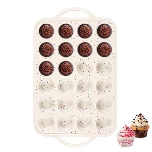 Fimary Silicone Mini Muffin Pan With Metal Reinforced Frame - 24 Cups Durable Silicone Cupcake Pan for Muffin, Cupcakes, BPA Free and Dishwasher Safe - 1 Piece Beige with Rainbow Spots
