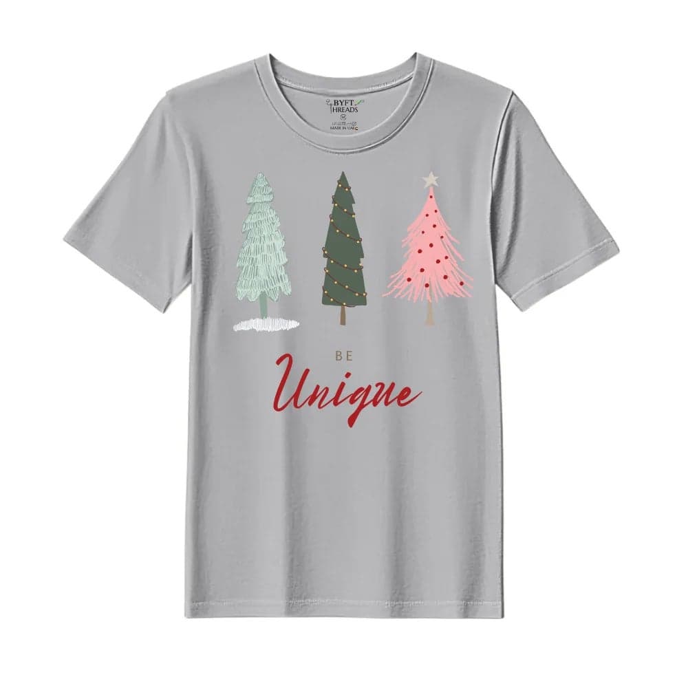 BYFT Threads XXL Grey Polycotton T-Shirt - Christmas "Be Unique" Printed Design, Premium Holiday Collection